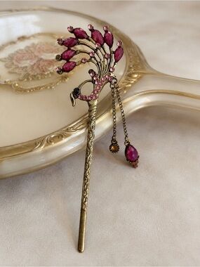 Vintage-Inspired Pink Peacock Hair Stick